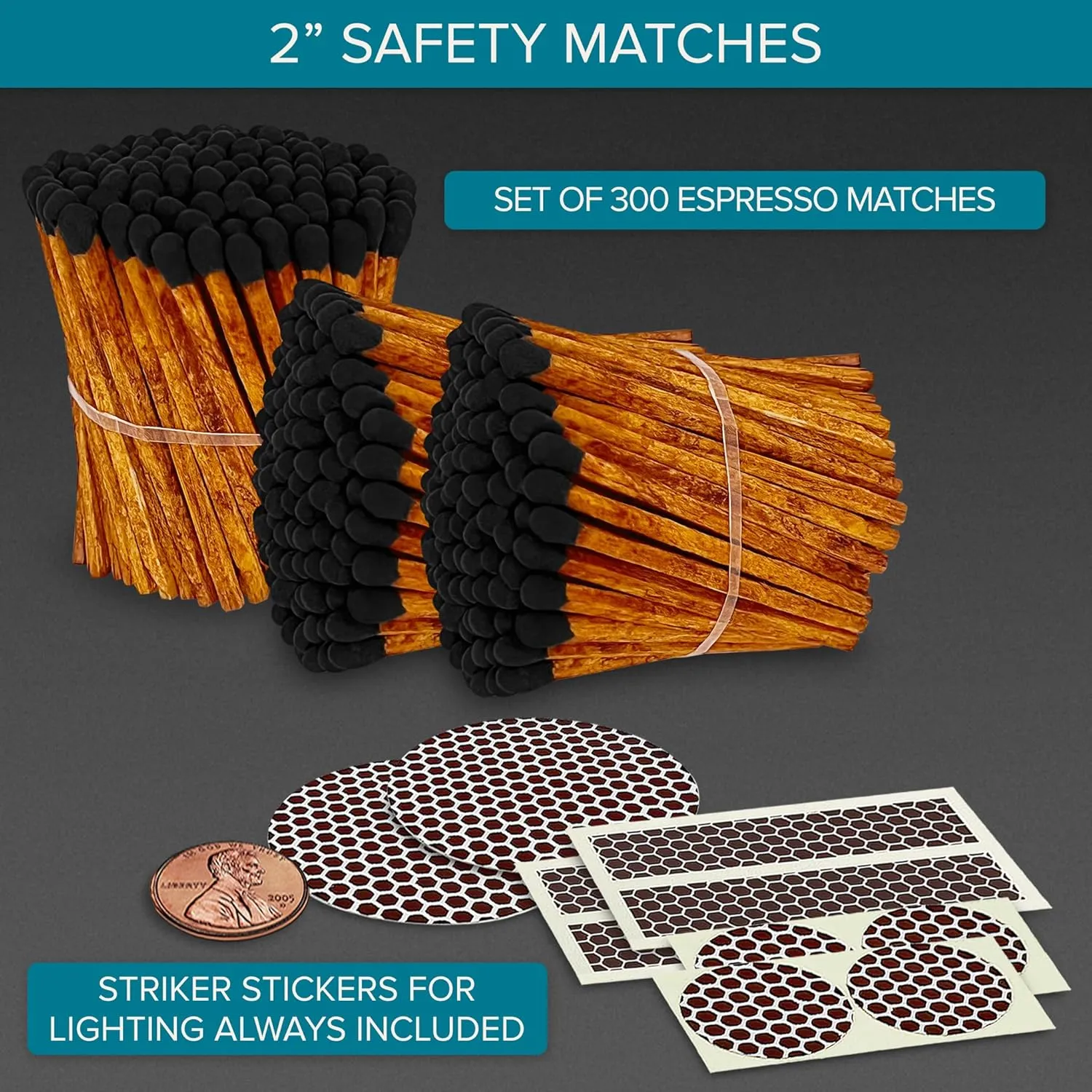 Thankful Greetings Brown Stick Black Tip Decorative Matches | 300  Artisan 2” Safety Espresso Style Matchsticks with Adhesive Strikers | Great for Home Decor & Candle Lovers