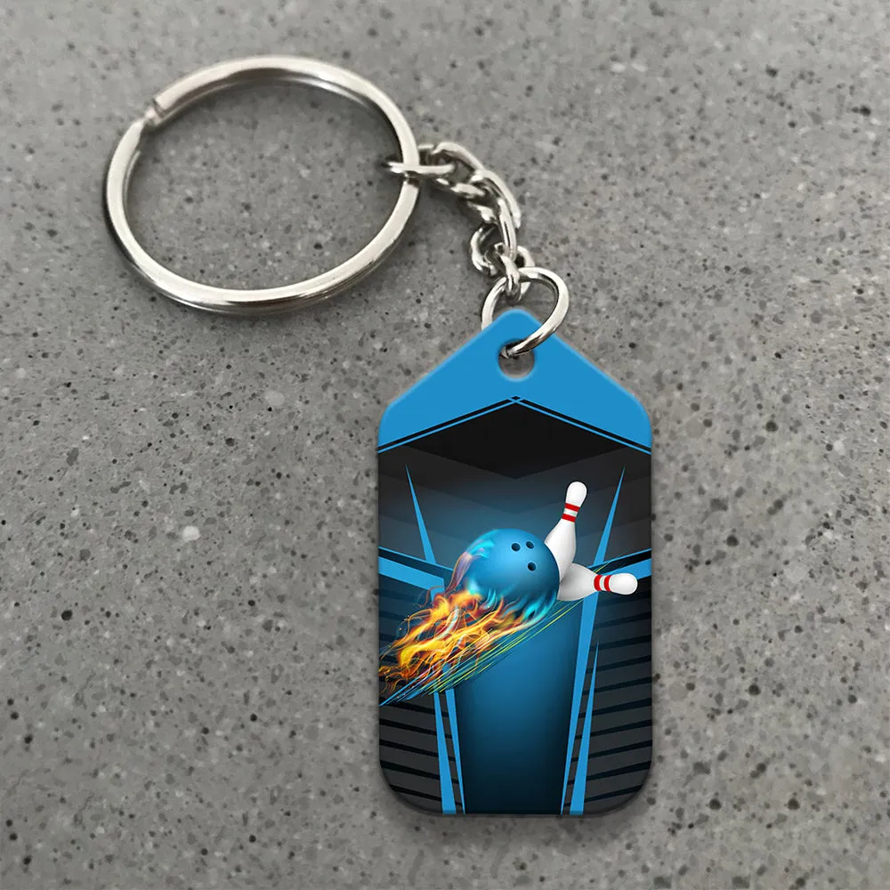 The Blue Bowling Ball in Flames Breaks White Skittles Personalized Name 3D Keychain