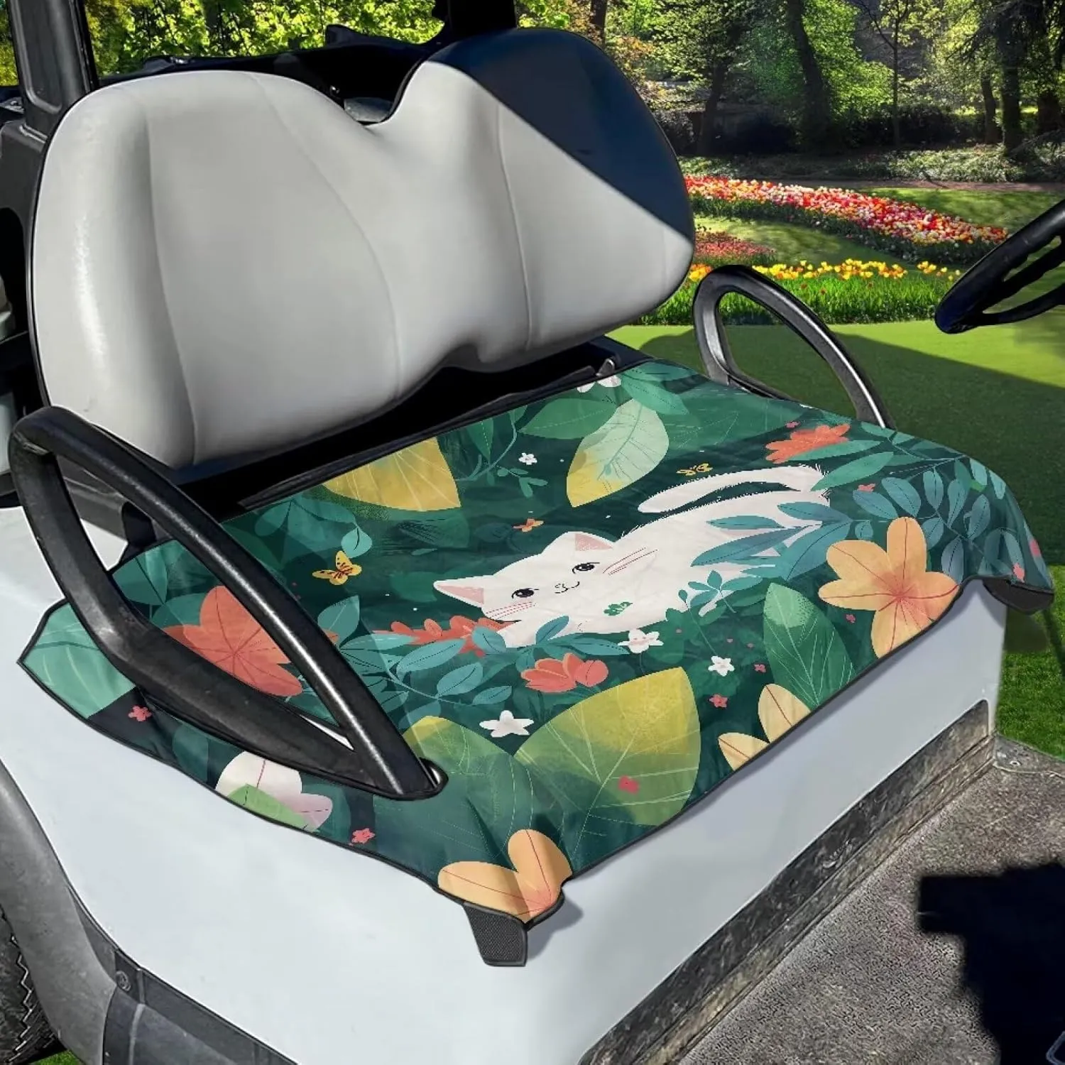TODIYADDU Lovely Cat Golf Cart Seat Covers Tropical Leaves Golf Cart Seat Towel Blanket for Women Men Four Seasons Protective Seat Cover Machine Washable Fit for Most 2 Seat Golf Carts Club Car-1