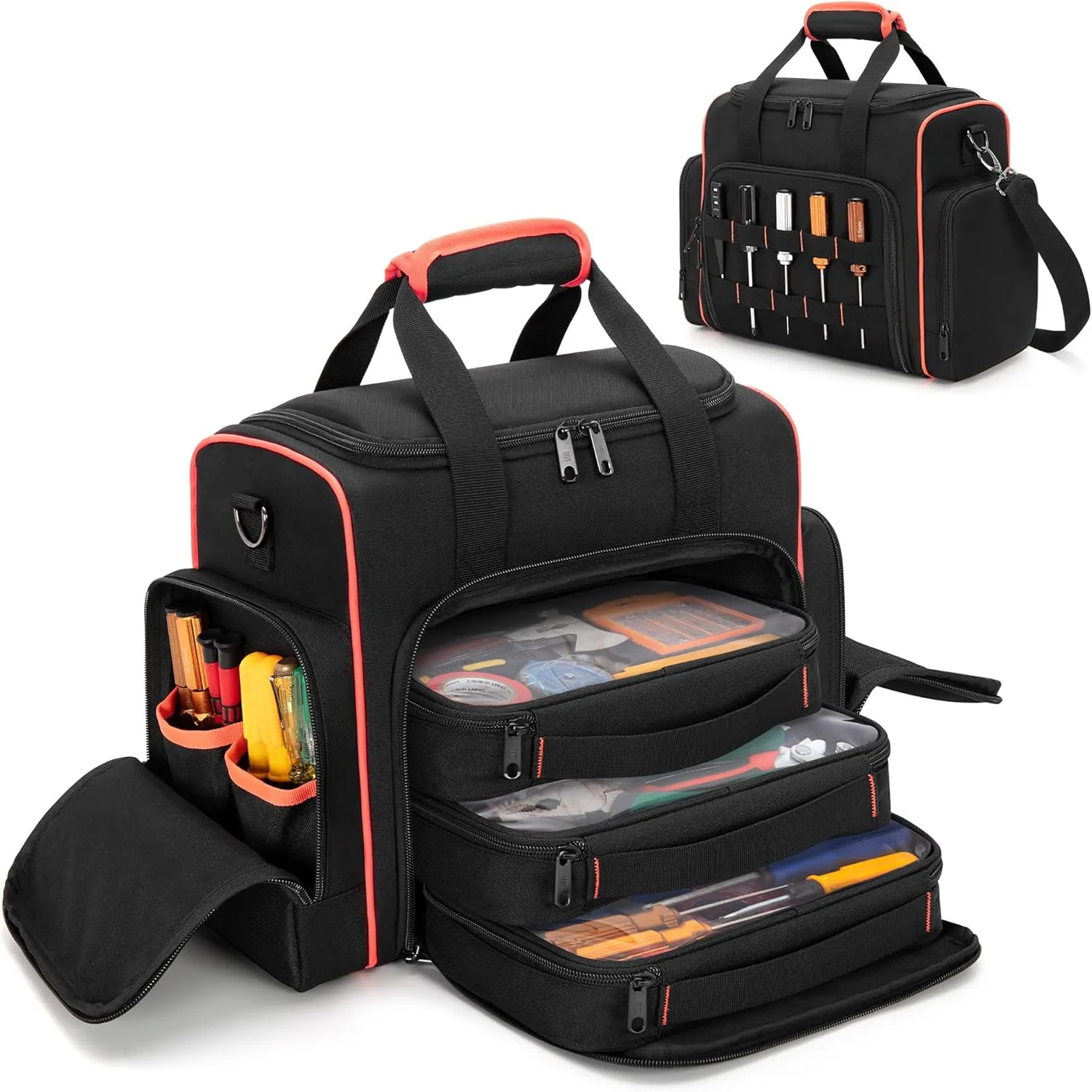 Tool Bag with 3 Removable Cases, 2 Layers Tool Tote for Hand Tools, Black