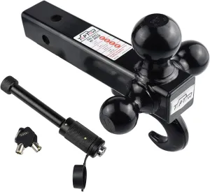TOPTOW 64181HL Trailer Receiver Hitch Triple Ball Mount with Hook, Black Balls, with Black Dogbone Trailer Hitch Lock, Fits for 2 inch Receiver