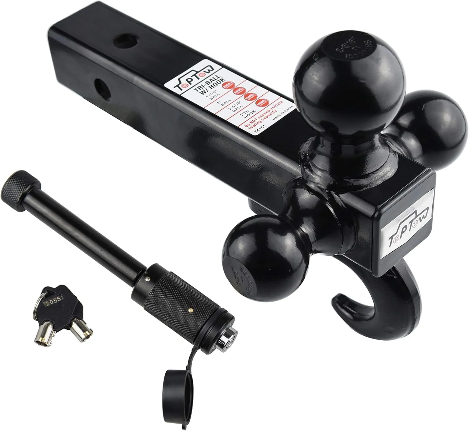 TOPTOW 64181HL Trailer Receiver Hitch Triple Ball Mount with Hook, Black Balls, with Black Dogbone Trailer Hitch Lock, Fits for 2 inch Receiver