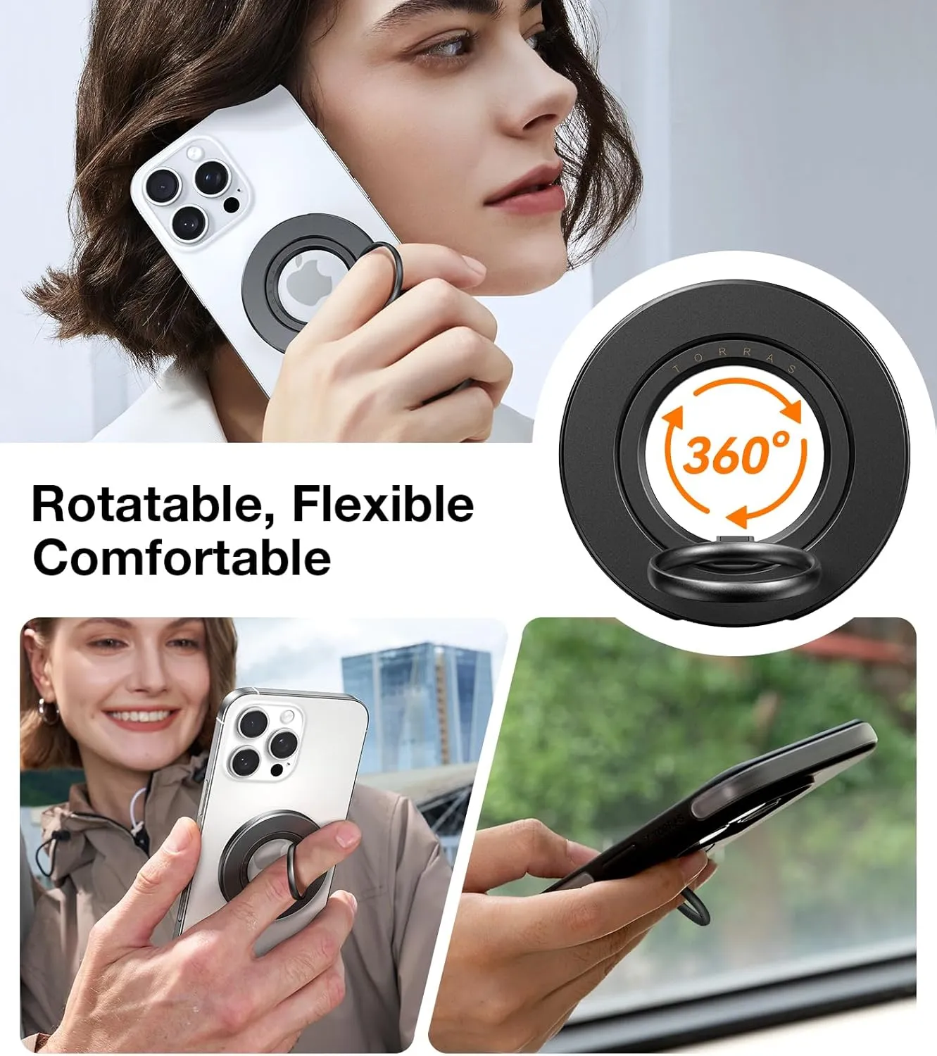 TORRAS 2024 Newest Thin for MagSafe Phone Grip Ring Holder [Dual-Ring] for Popsocket MagSafe Kickstand Magnetic for iPhone 16/15/14/13/12/11 Samsung, Google Accessories, Black