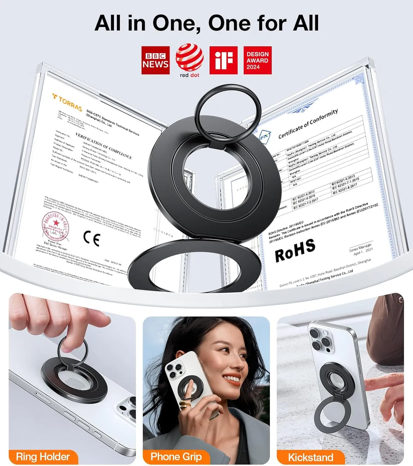 TORRAS 2024 Newest Thin for MagSafe Phone Grip Ring Holder [Dual-Ring] for Popsocket MagSafe Kickstand Magnetic for iPhone 16/15/14/13/12/11 Samsung, Google Accessories, Black