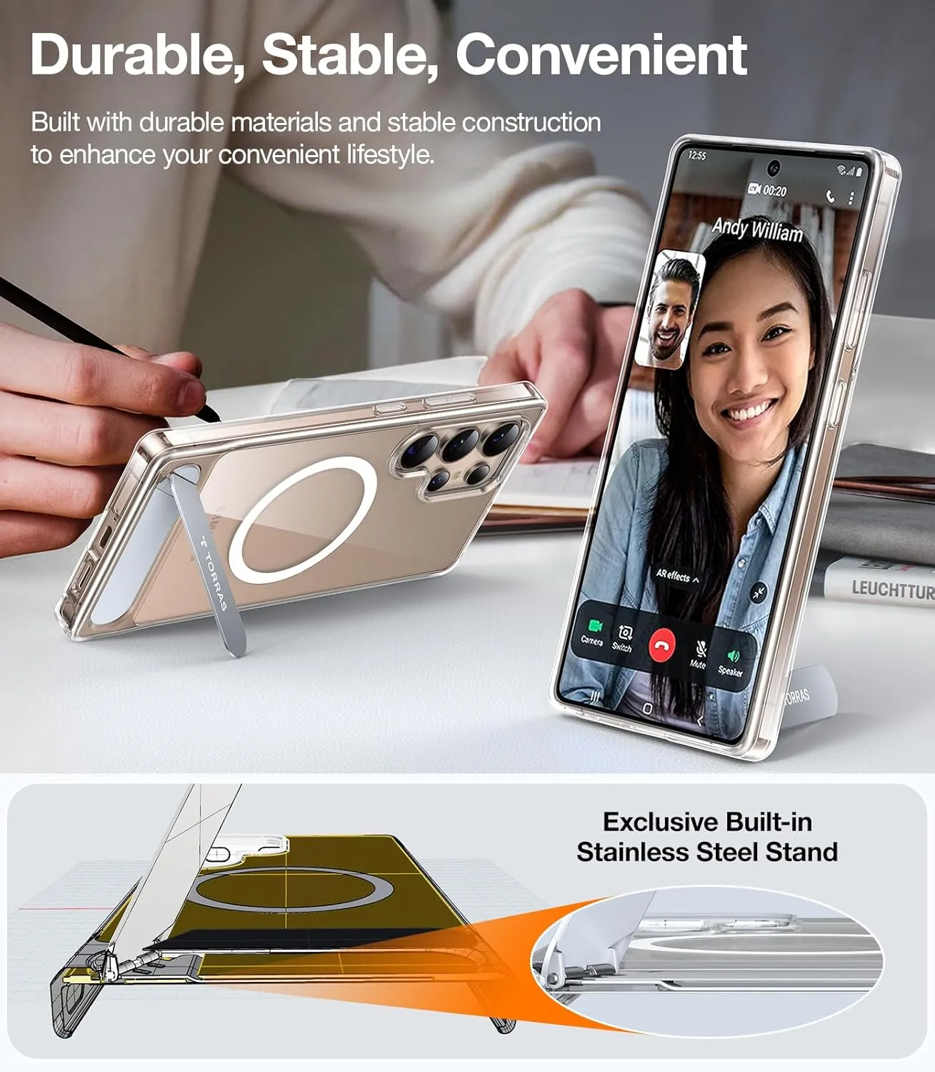 TORRAS Strong Magnetic & Seamless Stand for Samsung Galaxy S25 Ultra Case for MagSafe, Mil-Grade Drop Protection, Adjustable Kickstand for Samsung Galaxy S25 Ultra Case, Anti-Yellowing Diamond Clear