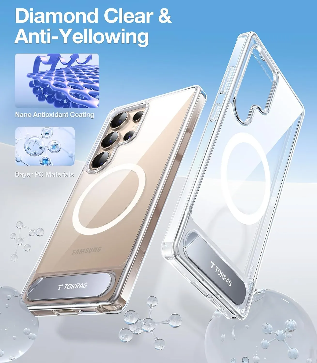 TORRAS Strong Magnetic & Seamless Stand for Samsung Galaxy S25 Ultra Case for MagSafe, Mil-Grade Drop Protection, Adjustable Kickstand for Samsung Galaxy S25 Ultra Case, Anti-Yellowing Diamond Clear
