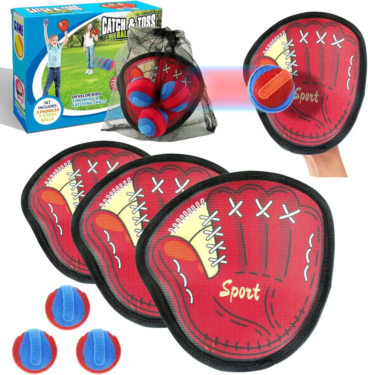 Toss and Catch Ball Set, Kids Ball and Catch Game, Outdoor Pool Beach Waterproof Toys, Yard Backyard Games with 3 Paddles 3 Sticky Balls Storage Bag, Summer Water Toys for Boys Girls