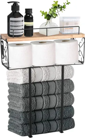 Towel Racks for Bathroom Wall Mounted, Wood Towel Shelf-Metal Basket Set, Black Towel Holder, Towel Storage Organizer for Small Bathroom, Vertical Towle Rack Shelves for Bath,Over Toilet,RV