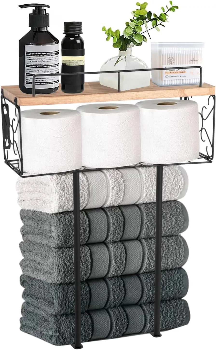 Towel Racks for Bathroom Wall Mounted, Wood Towel Shelf-Metal Basket Set, Black Towel Holder, Towel Storage Organizer for Small Bathroom, Vertical Towle Rack Shelves for Bath,Over Toilet,RV
