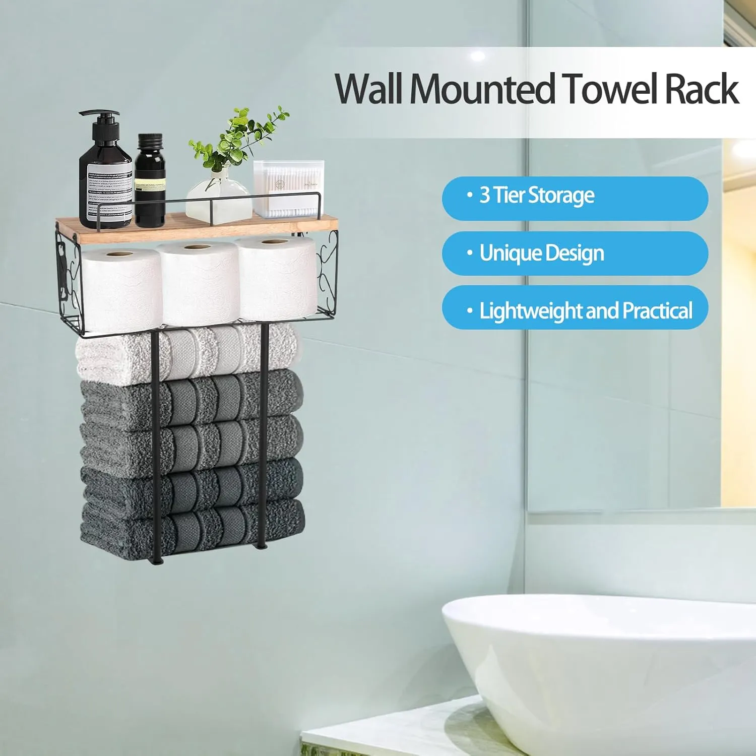 Towel Racks for Bathroom Wall Mounted, Wood Towel Shelf-Metal Basket Set, Black Towel Holder, Towel Storage Organizer for Small Bathroom, Vertical Towle Rack Shelves for Bath,Over Toilet,RV