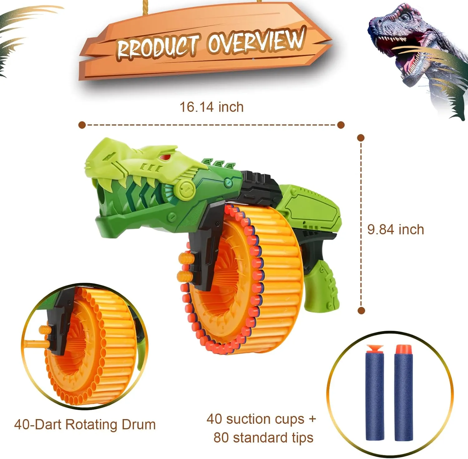 Toy Gun Toy Foam Blasters with 120 Foam Bullets, 40-Dart Rotating Drum, Foam Dart Gun Shooting Game for Indoor Outdoor Activity, Dinosaur Toys Birthday Xmas Gifts for Kids, Teens, Adults 6 