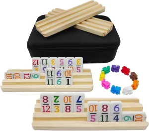 Travel Edition - Mexican Train Dominoes Set with Numbers and 4 Wooden Racks, 91 Tiles Travel Double 12 Dominos Game Set with Portable Case for Families Kids