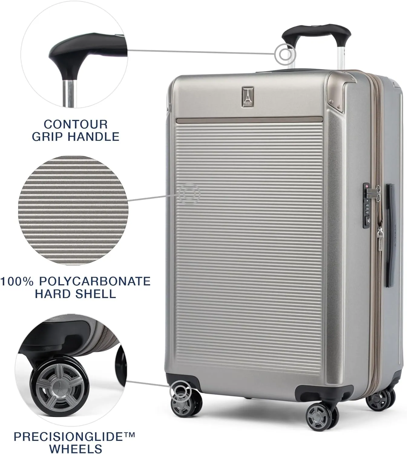Travelpro Platinum Elite Hardside Expandable Checked Luggage, 8 Wheel Spinner, TSA Lock, Hard Shell Polycarbonate Suitcase, Metallic Sand, Checked Large 28-Inch