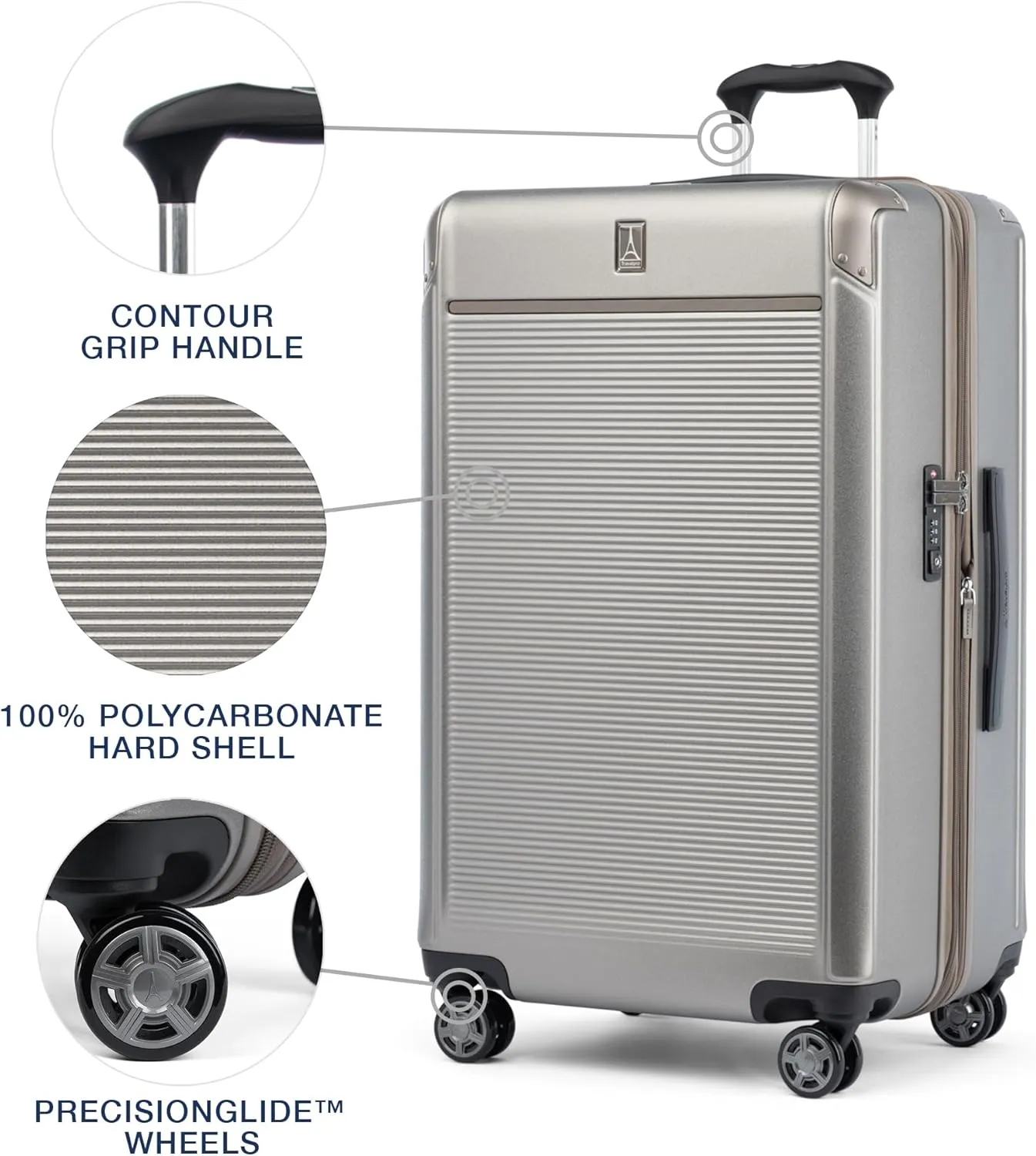 Travelpro Platinum Elite Hardside Expandable Checked Luggage, 8 Wheel Spinner, TSA Lock, Hard Shell Polycarbonate Suitcase, Metallic Sand, Checked Large 28-Inch