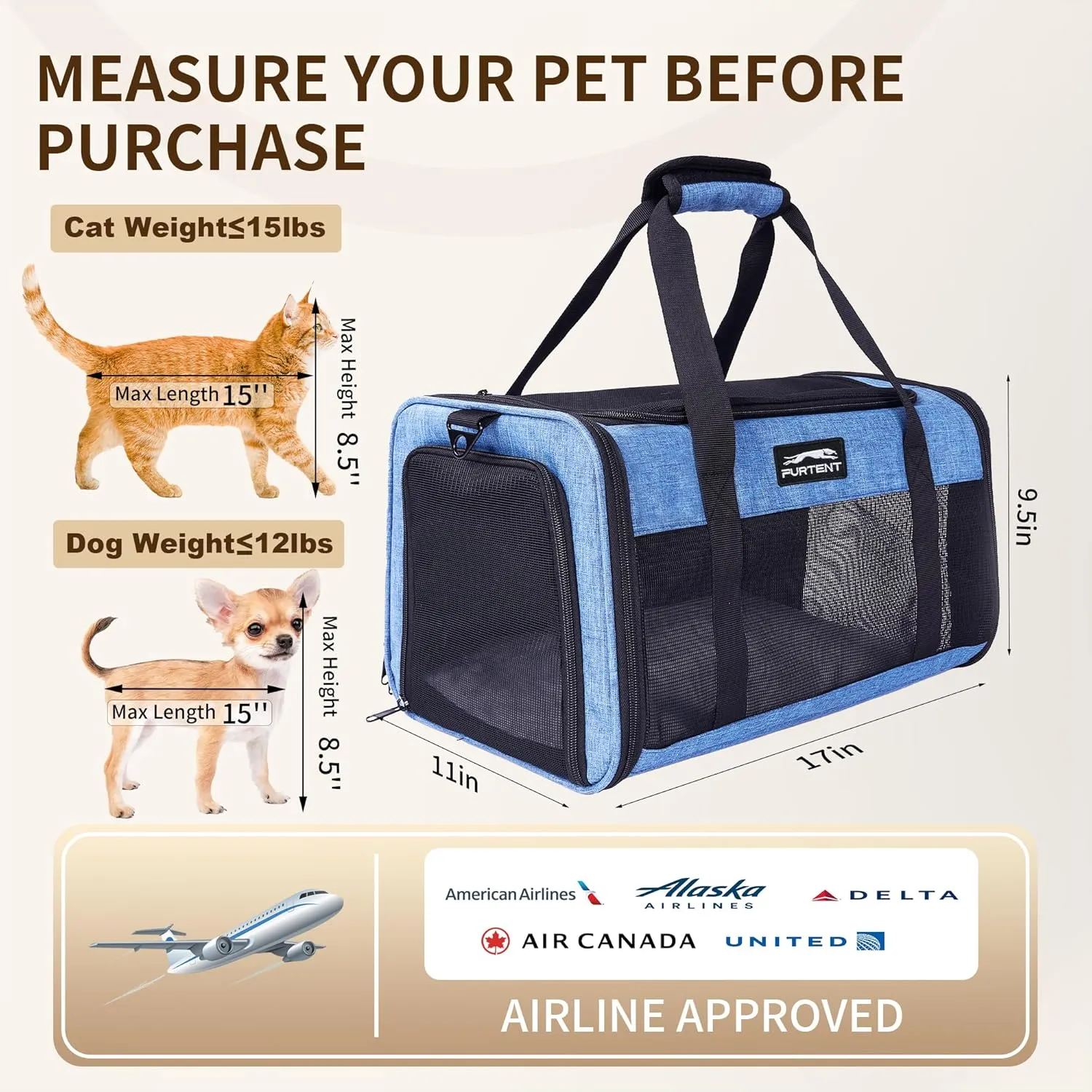 TSA Airline Approved Pet Carrier for Cats and Small Dogs - Soft Sided, Foldable, Cat Dog Carrier Fits Pets Up to 15 lbs - Ideal for Travel, Car Rides, and Vet Visits - Dark Blue