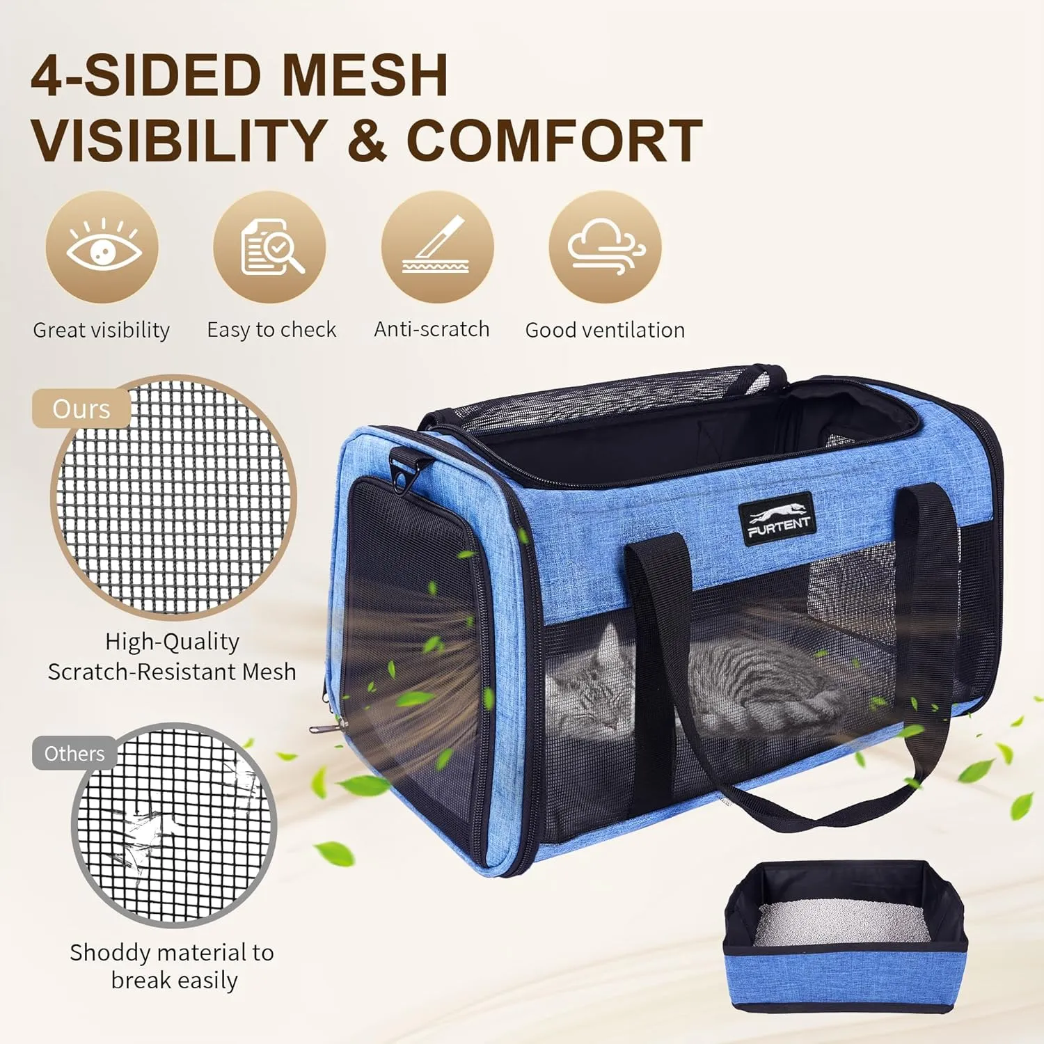 TSA Airline Approved Pet Carrier for Cats and Small Dogs - Soft Sided, Foldable, Cat Dog Carrier Fits Pets Up to 15 lbs - Ideal for Travel, Car Rides, and Vet Visits - Dark Blue