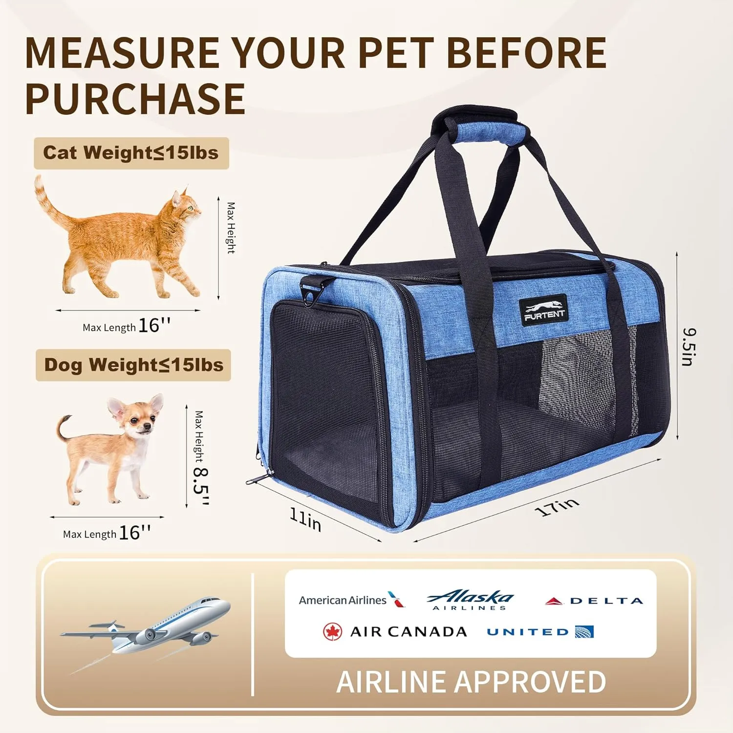 TSA Airline Approved Pet Carrier for Cats and Small Dogs - Soft Sided, Foldable, Cat Dog Carrier Fits Pets Up to 15 lbs - Ideal for Travel, Car Rides, and Vet Visits - Dark Blue