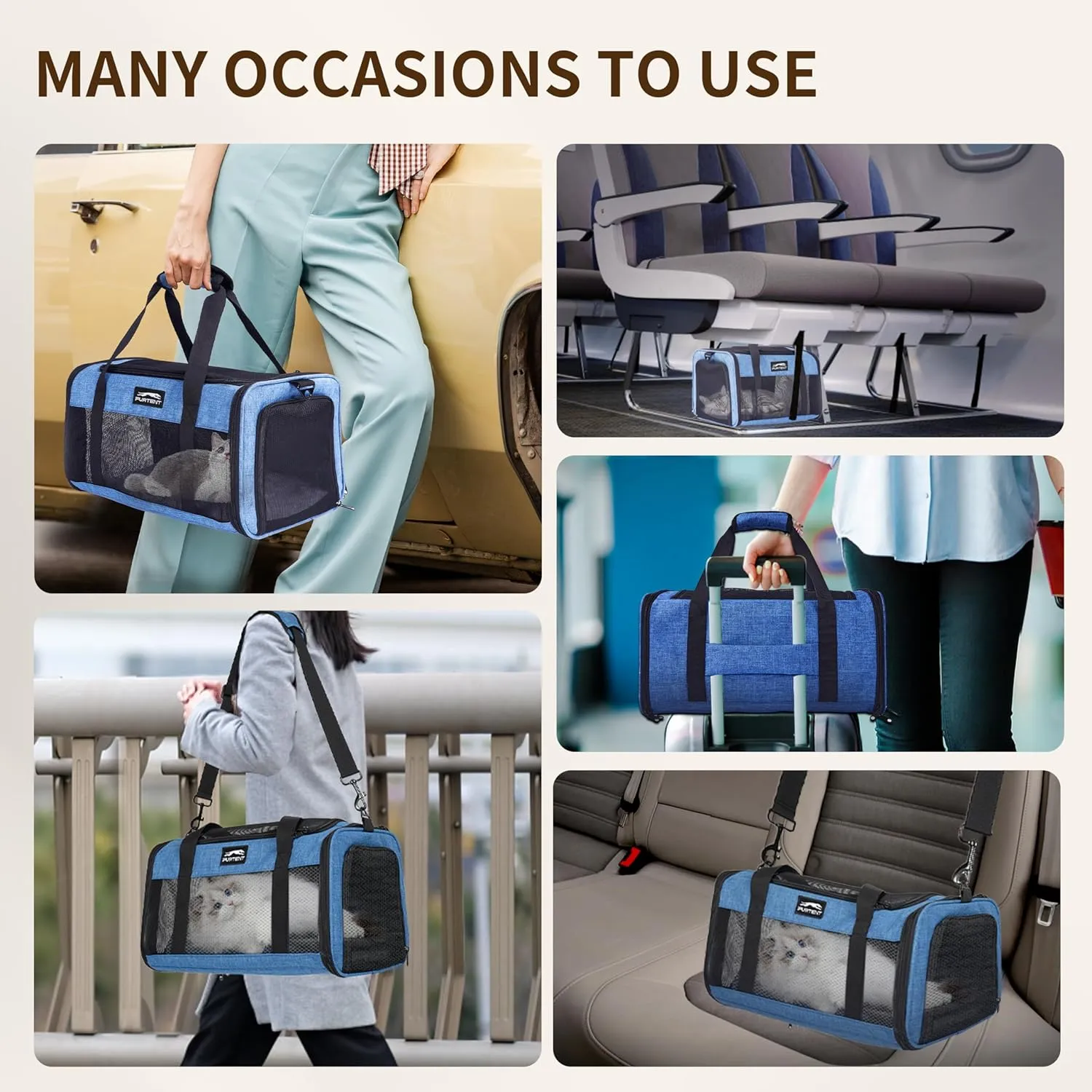 TSA Airline Approved Pet Carrier for Cats and Small Dogs - Soft Sided, Foldable, Cat Dog Carrier Fits Pets Up to 15 lbs - Ideal for Travel, Car Rides, and Vet Visits - Dark Blue