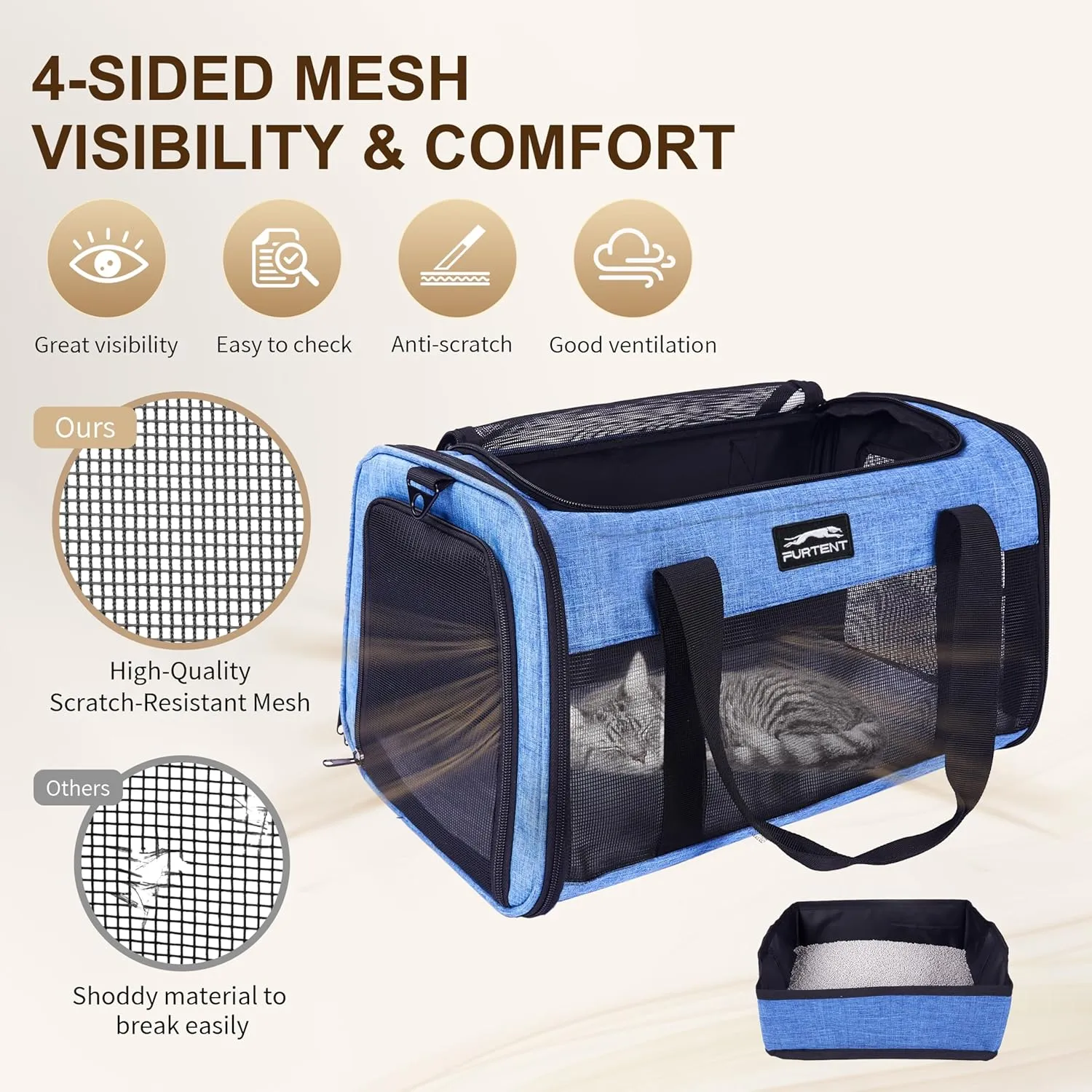 TSA Airline Approved Pet Carrier for Cats and Small Dogs - Soft Sided, Foldable, Cat Dog Carrier Fits Pets Up to 15 lbs - Ideal for Travel, Car Rides, and Vet Visits - Dark Blue