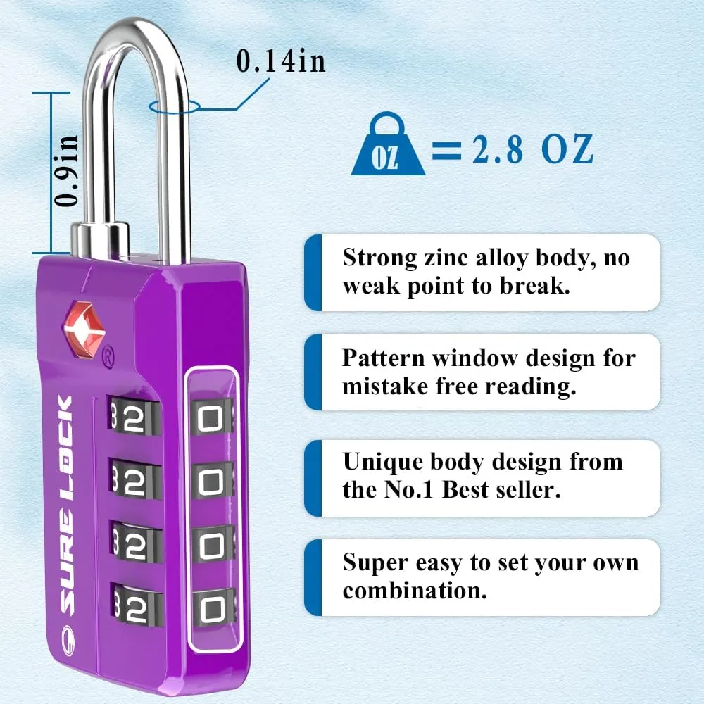 TSA Approved Travel Luggage Locks, Open Alert Combination Lock for School Office & Gym Locker,Toolbox, Pelican Case,Easy Read Dials- 1, 2 & 4 Pack (1, Dark Purple 2 Pack)