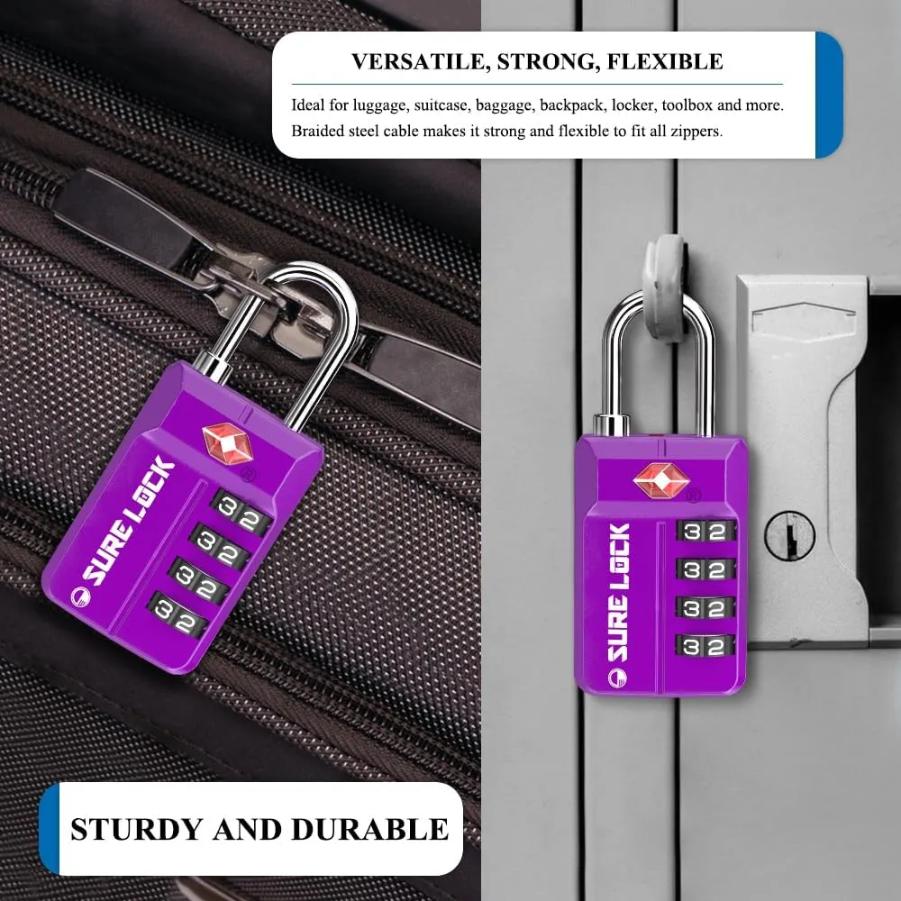 TSA Approved Travel Luggage Locks, Open Alert Combination Lock for School Office & Gym Locker,Toolbox, Pelican Case,Easy Read Dials- 1, 2 & 4 Pack (1, Dark Purple 2 Pack)