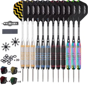 Turnart Darts Metal Tip Set - Steel Tip Darts Darts Set Professional Metal Darts Dart Board Set 12 Pcs 24 Gram 20 O-Rings Aluminum Darts Shafts 24 Extra Flights Darts Tool