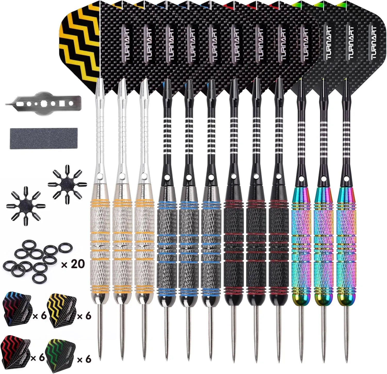 Turnart Darts Metal Tip Set - Steel Tip Darts Darts Set Professional Metal Darts Dart Board Set 12 Pcs 24 Gram 20 O-Rings Aluminum Darts Shafts 24 Extra Flights Darts Tool