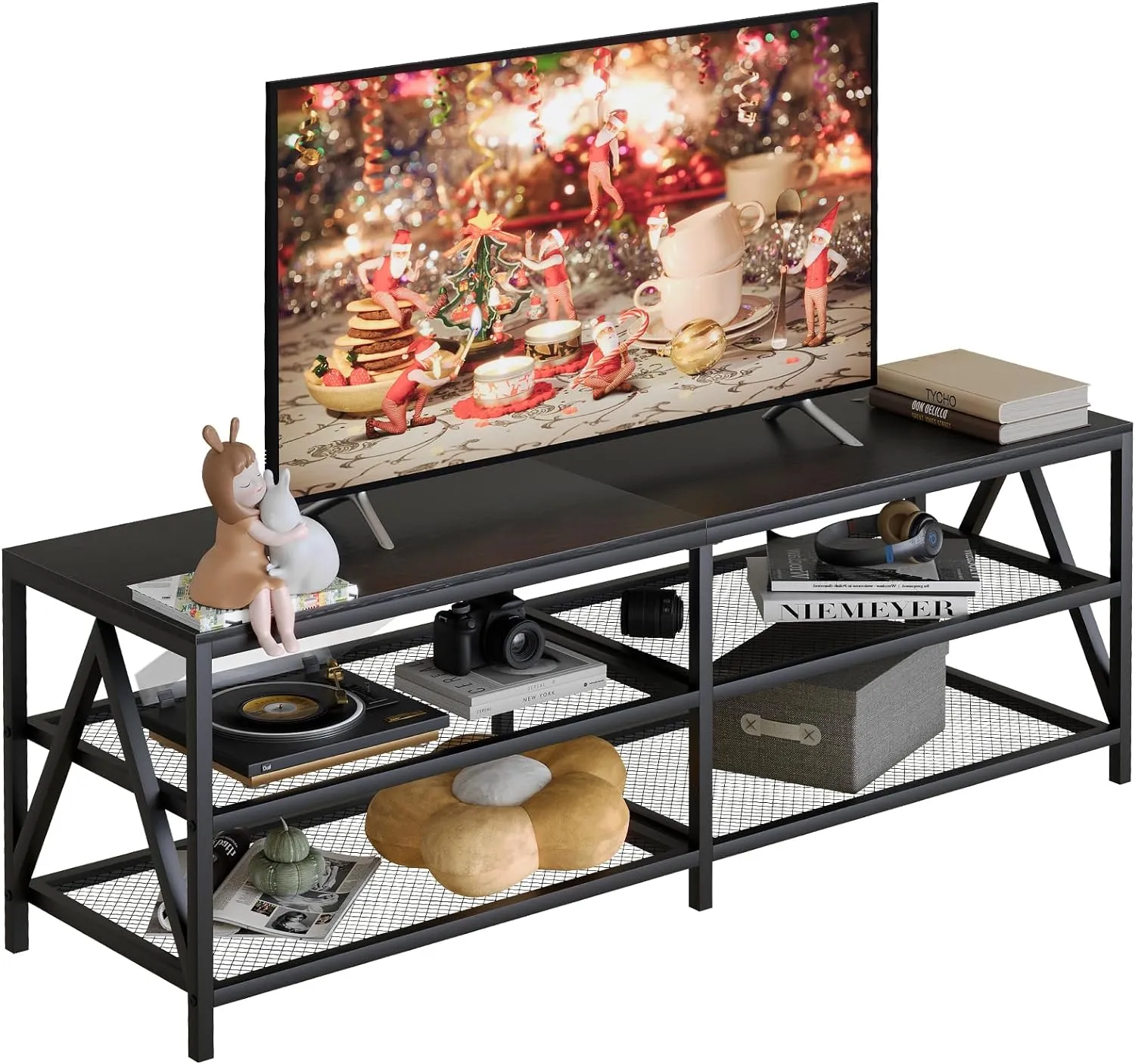 TV Stand for TV up to 65 Inch, Long 55" TV Cabinet with 3-Tier Storage Shelves,Entertainment Center TV Console Table for Living Room with Industrial TV Metal Frame, Black Oak