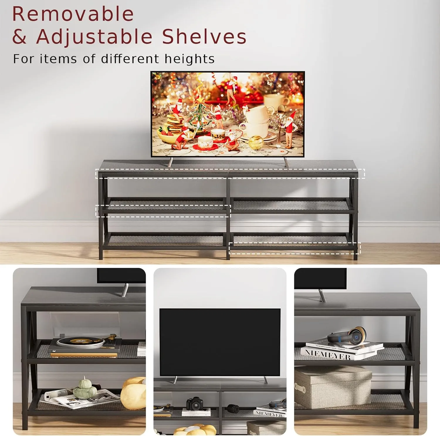 TV Stand for TV up to 65 Inch, Long 55" TV Cabinet with 3-Tier Storage Shelves,Entertainment Center TV Console Table for Living Room with Industrial TV Metal Frame, Black Oak