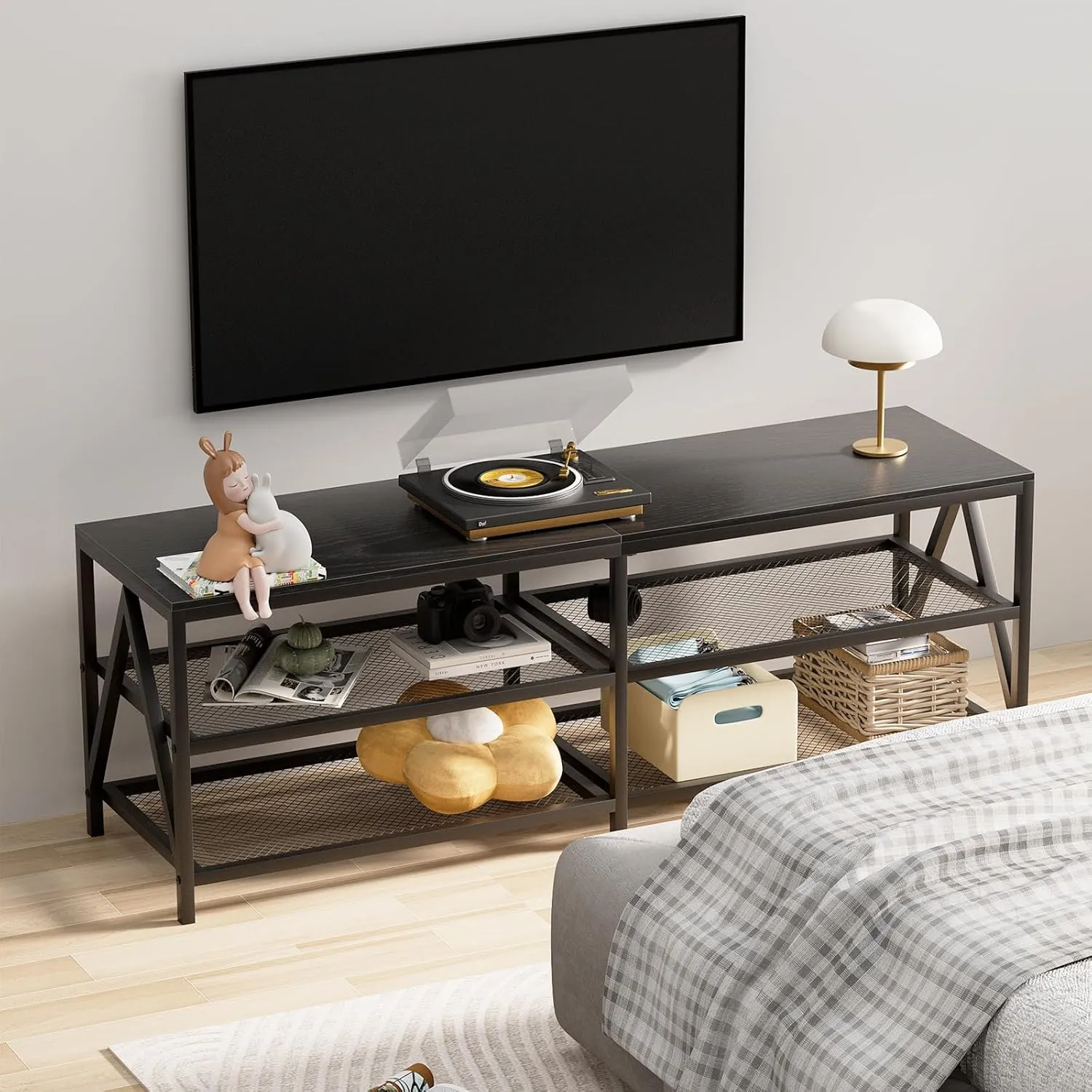 TV Stand for TV up to 65 Inch, Long 55" TV Cabinet with 3-Tier Storage Shelves,Entertainment Center TV Console Table for Living Room with Industrial TV Metal Frame, Black Oak