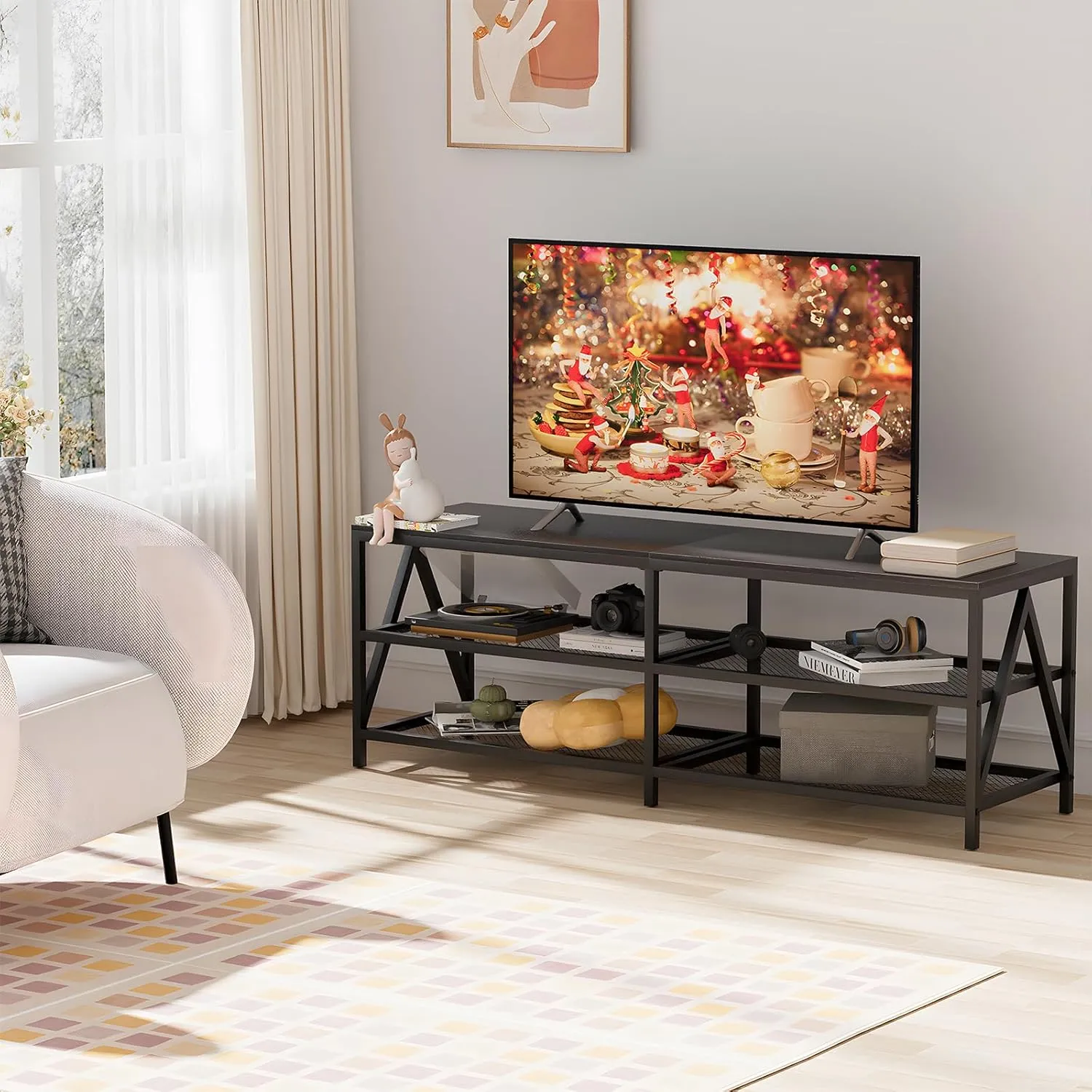 TV Stand for TV up to 65 Inch, Long 55" TV Cabinet with 3-Tier Storage Shelves,Entertainment Center TV Console Table for Living Room with Industrial TV Metal Frame, Black Oak