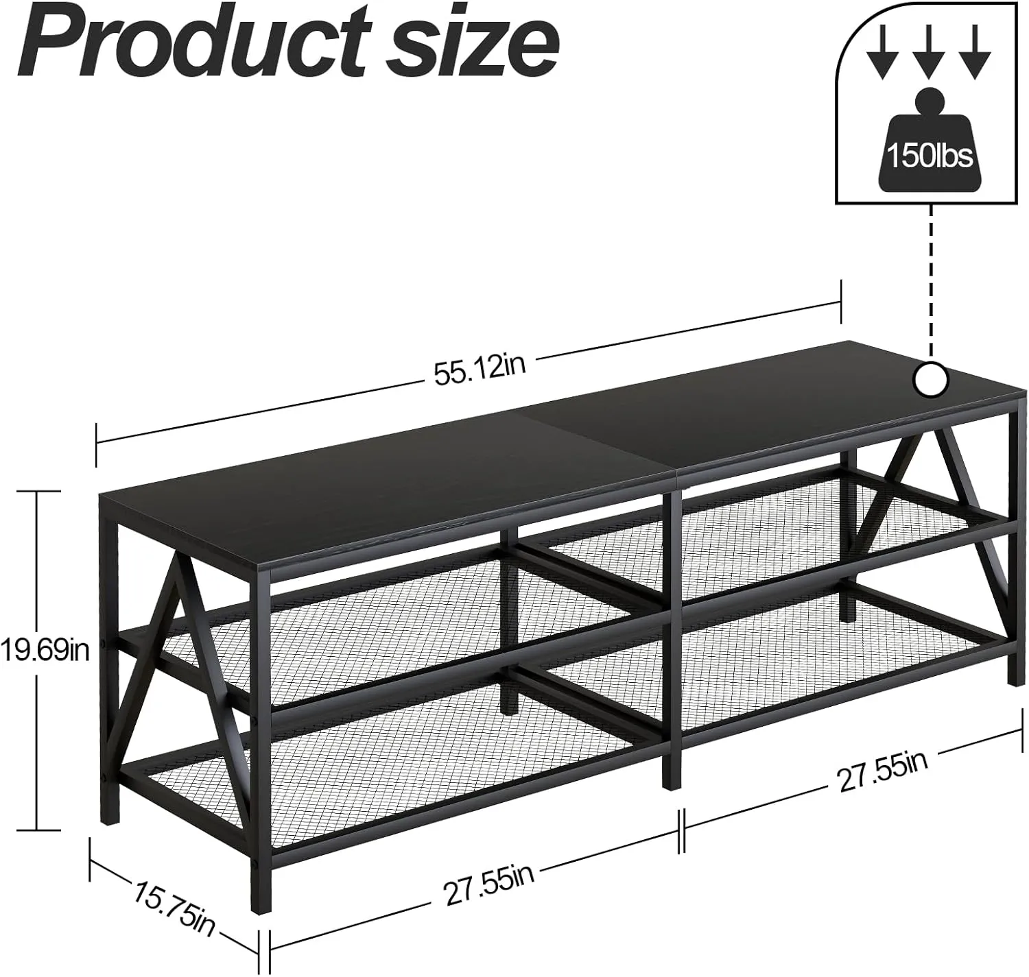 TV Stand for TV up to 65 Inch, Long 55" TV Cabinet with 3-Tier Storage Shelves,Entertainment Center TV Console Table for Living Room with Industrial TV Metal Frame, Black Oak