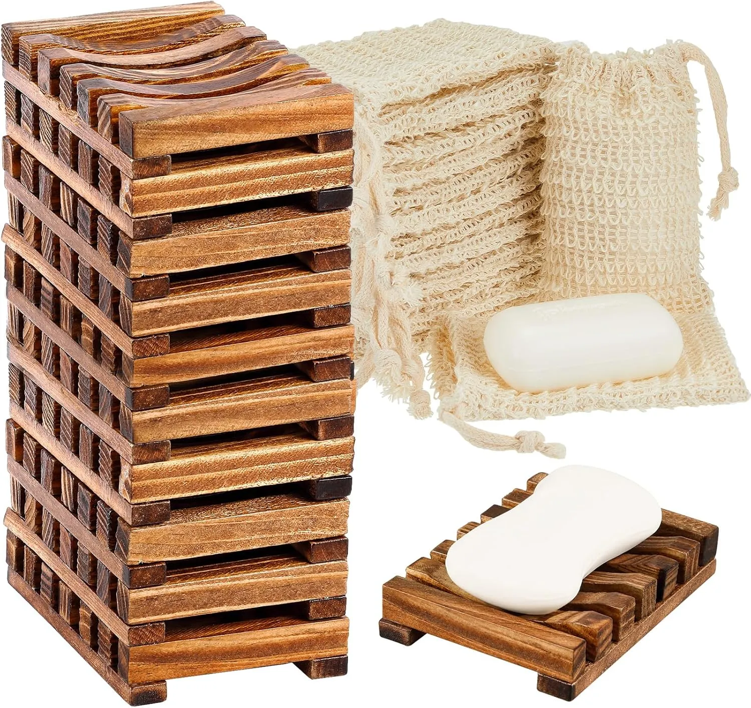 Umigy 60-Piece Soap Saver Kit - Sisal Mesh Bags & Bamboo Wood Soap Holders for Bath & Shower (Beige, Charcoal)