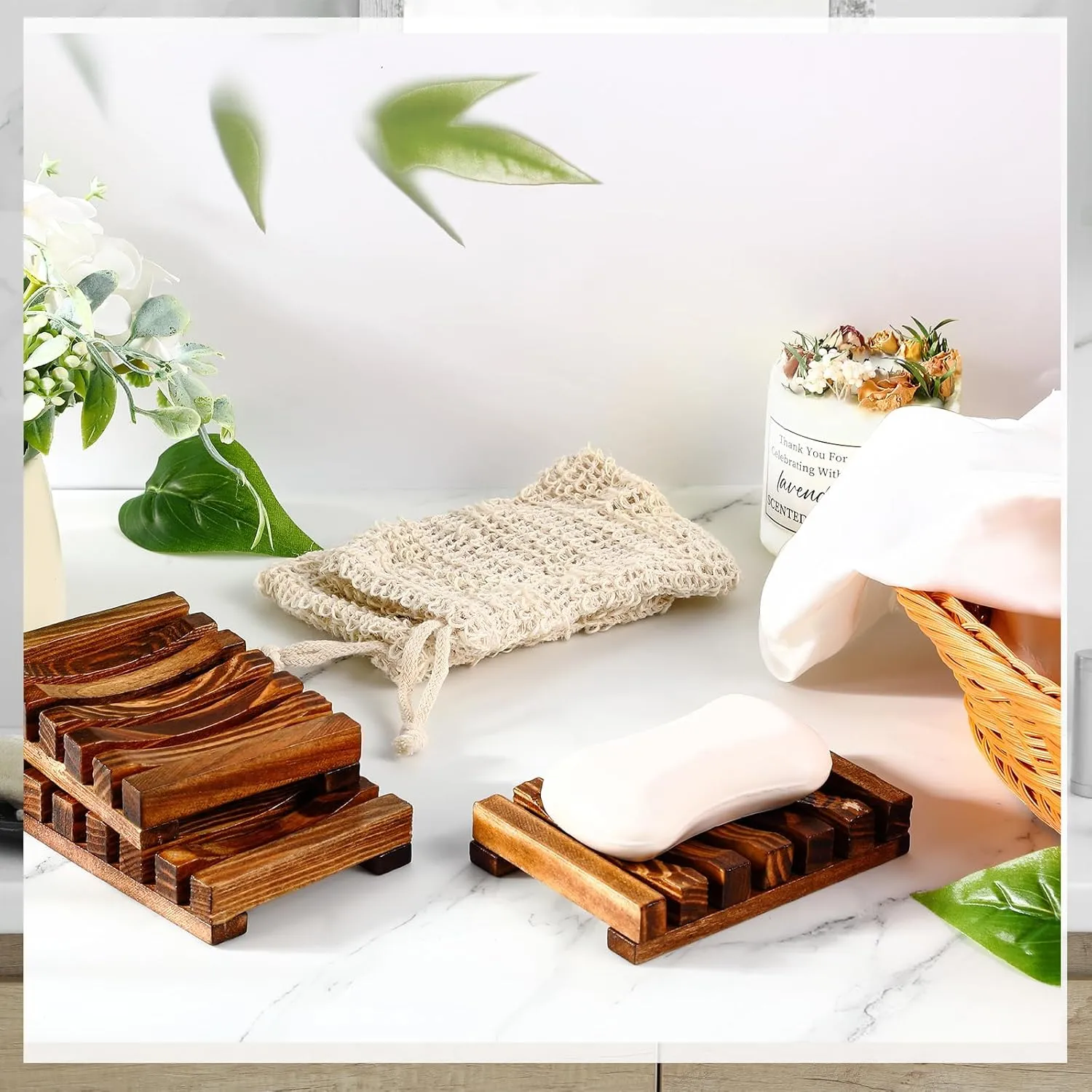 Umigy 60-Piece Soap Saver Kit - Sisal Mesh Bags & Bamboo Wood Soap Holders for Bath & Shower (Beige, Charcoal)