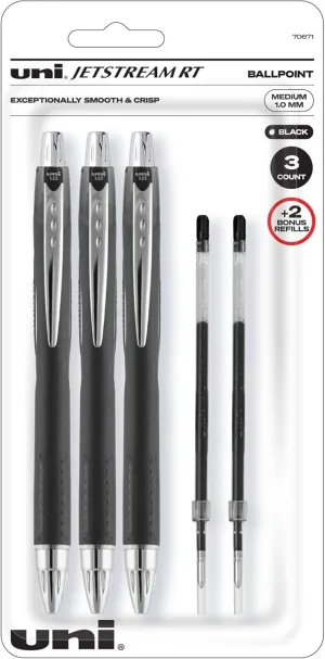 Uni-Ball Jetstream Rt Ball Point Pens Black - Writing Pens Bold Point (1.0mm) - 3 Ink pens With 2 Refills