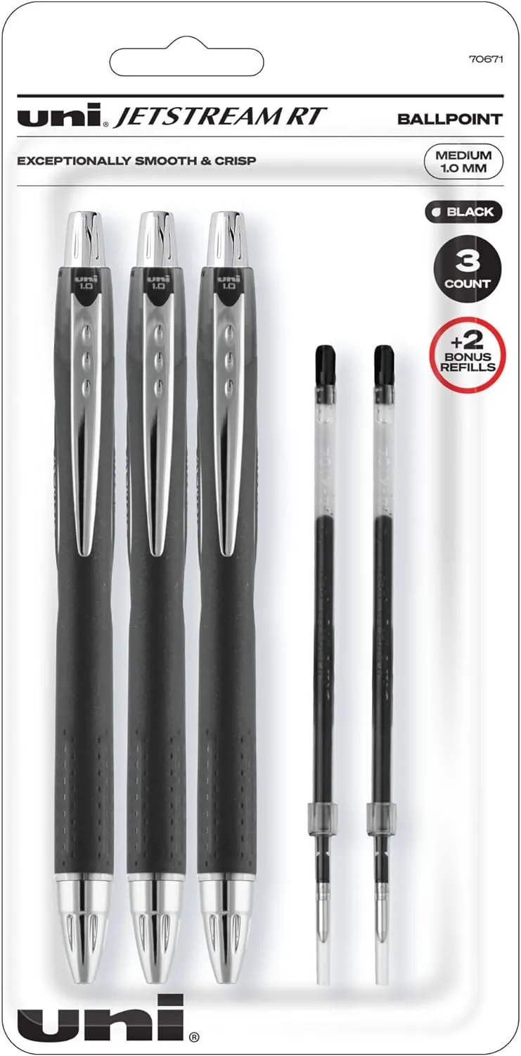 Uni-Ball Jetstream Rt Ball Point Pens Black - Writing Pens Bold Point (1.0mm) - 3 Ink pens With 2 Refills