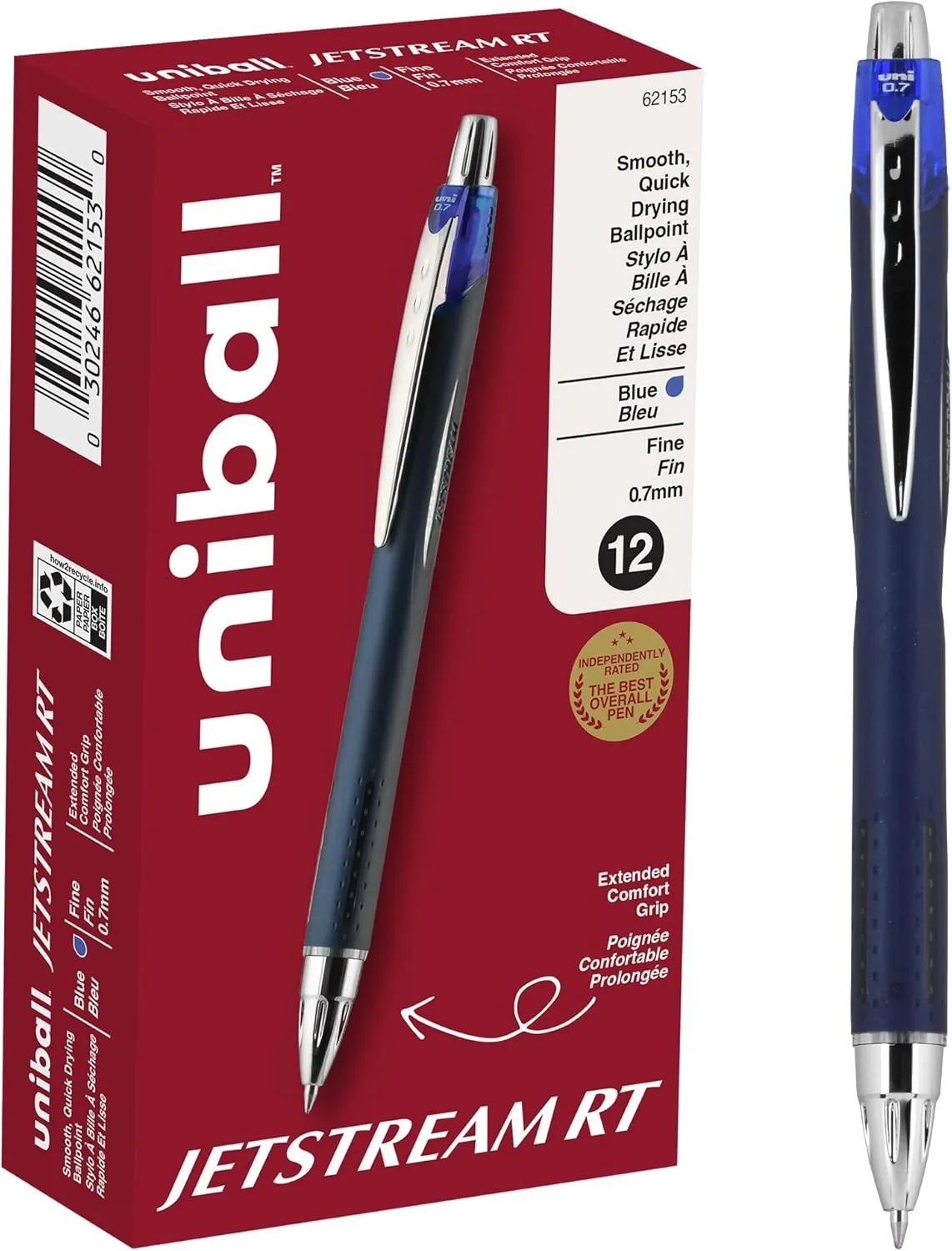 Uni-ball Jetstream RT Roller Ball Retractable Waterproof Pen, Blue Ink, Fine, Dozen (62153)
