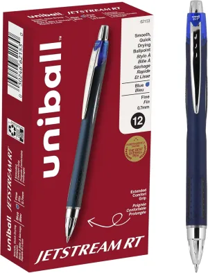 Uni-ball Jetstream RT Roller Ball Retractable Waterproof Pen, Blue Ink, Fine, Dozen (62153)