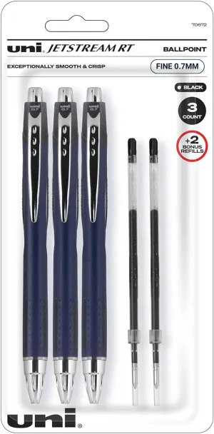 Uniball Jetstream Rt Pens - 0.7mm Uniball Pens - Pack Of 3 Ballpoint Pens Black Ink With 2 Refills