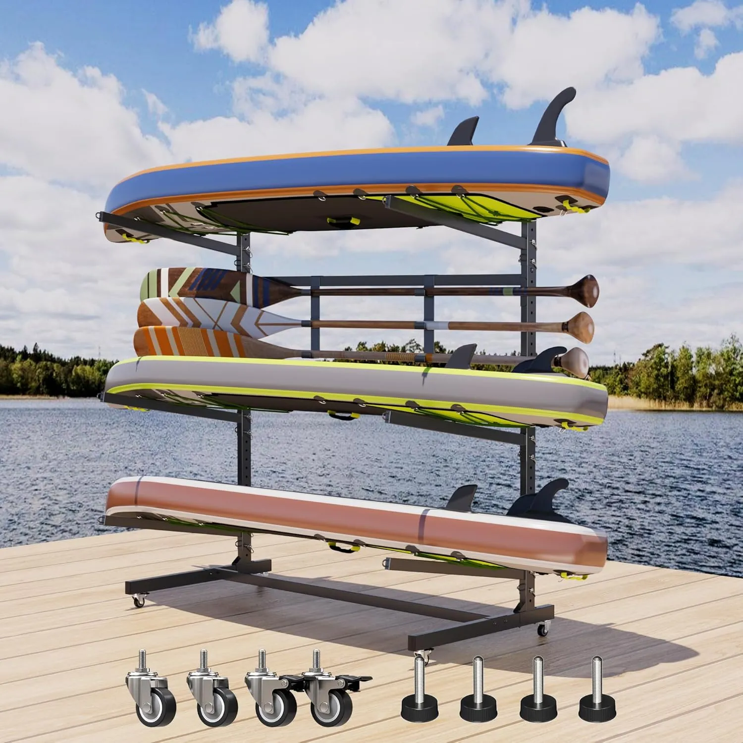 Upgrade 59 '' W Outdoor Indoor Kayak Storage Rack with Wheels & Paddle Hook,Heavy Duty Metal Storage Rack for Kayak, Canoe, Surfboard & Paddleboard,Black
