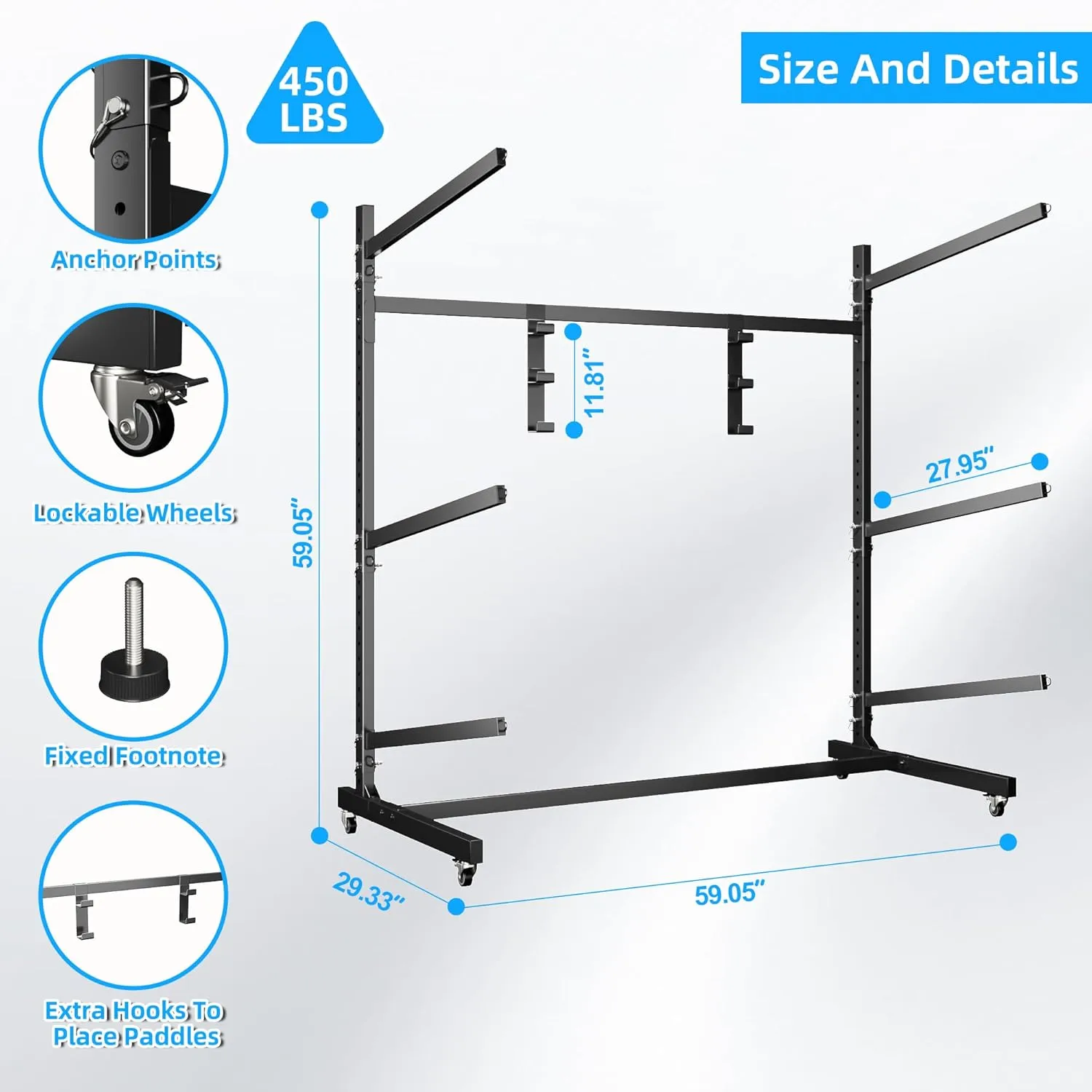 Upgrade 59 '' W Outdoor Indoor Kayak Storage Rack with Wheels & Paddle Hook,Heavy Duty Metal Storage Rack for Kayak, Canoe, Surfboard & Paddleboard,Black