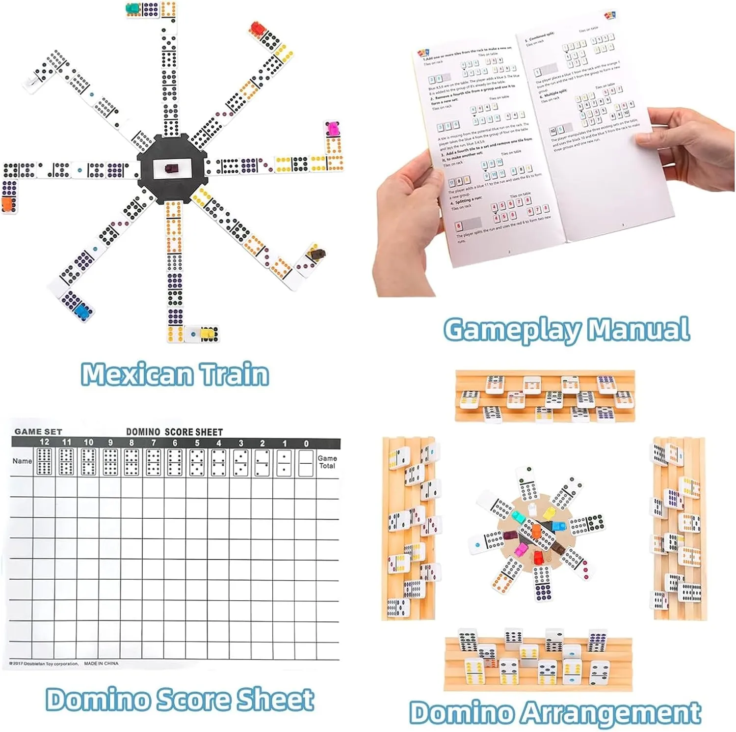 Upgraded Double 12 Mexican Train Dominoes Set with 8 Wooden Racks & 91 Number Tiles Portable Travel Board Game for Kids and Adults Family Game Night