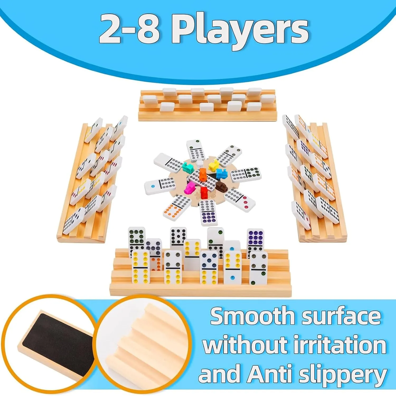 Upgraded Double 12 Mexican Train Dominoes Set with 8 Wooden Racks & 91 Number Tiles Portable Travel Board Game for Kids and Adults Family Game Night