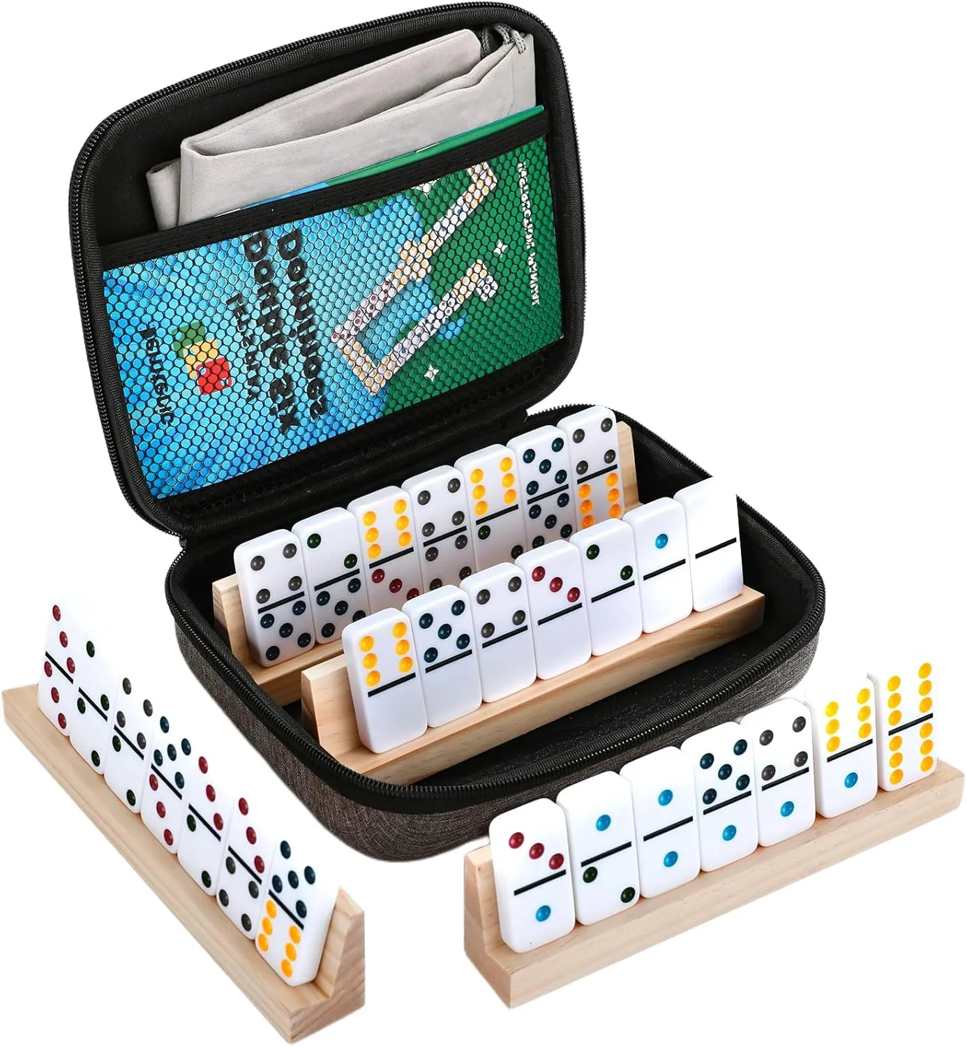 Upgraded Mexican Train Dominoes Double 6, 28 Dominos Tiles, 4 Wooden Holders Travel Memory Table Game for 2-4 Players Classic Family Board Games for Adults, Kids