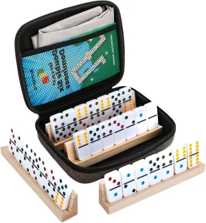 Upgraded Mexican Train Dominoes Double 6, 28 Dominos Tiles, 4 Wooden Holders Travel Memory Table Game for 2-4 Players Classic Family Board Games for Adults, Kids