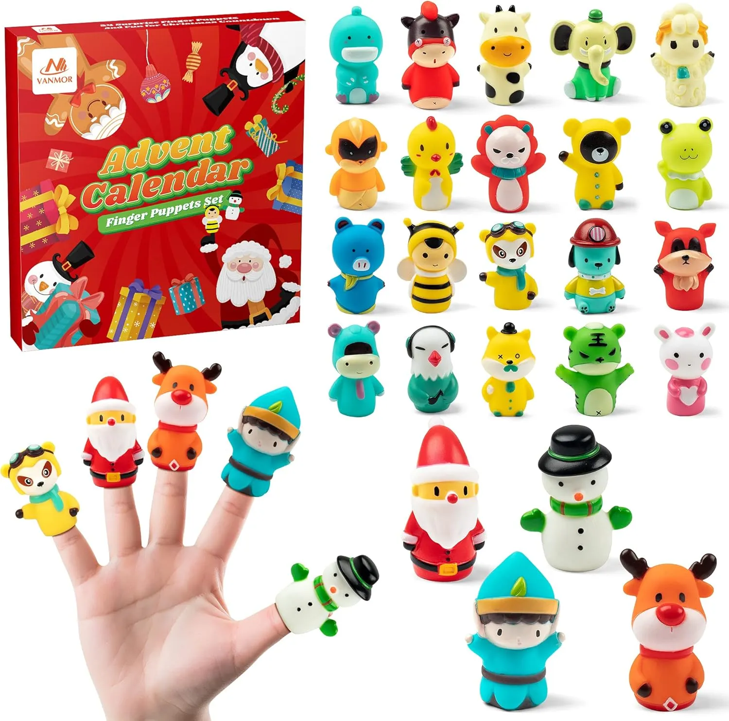 Vanmor Finger Puppets Advent Calendar 2024 for Kids Toddlers - Christmas Countdown Calendar 24 Days Animals Finger Toys Xmas Gifts for Boys Girls Pinata Fillers Party Favors Goodie Bag Fillers