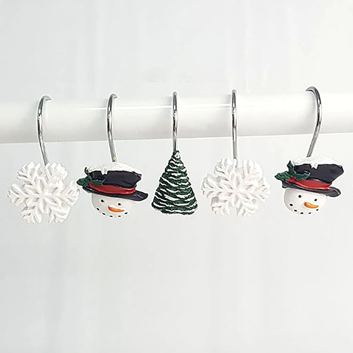 VESNIBA 12Pcs Shower Curtain Hooks Christmas Theme Resin Snowman Snowflake Tree Curtain Rings for Bathroom Handbag Display Stand (Green, One Size)