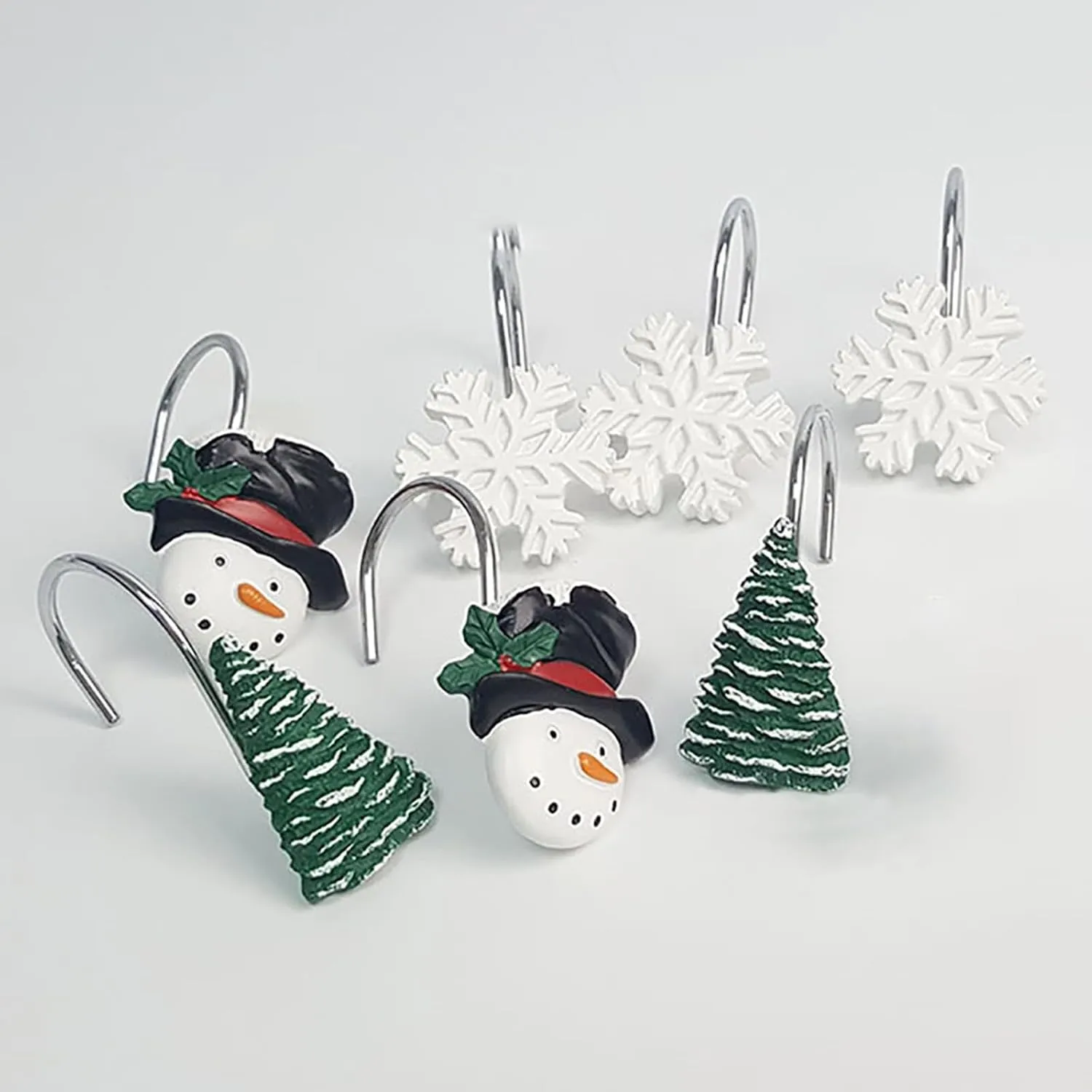VESNIBA 12Pcs Shower Curtain Hooks Christmas Theme Resin Snowman Snowflake Tree Curtain Rings for Bathroom Handbag Display Stand (Green, One Size)