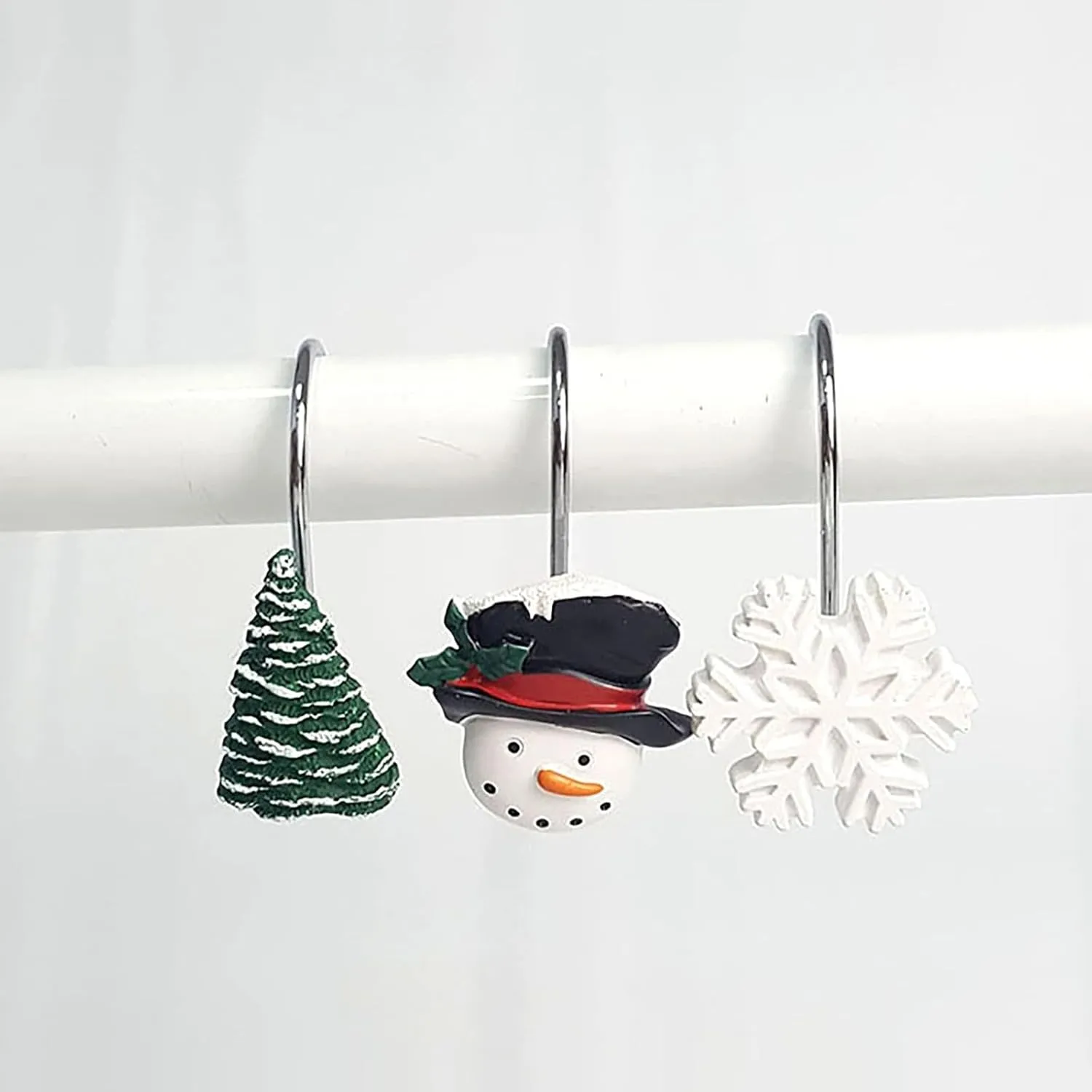 VESNIBA 12Pcs Shower Curtain Hooks Christmas Theme Resin Snowman Snowflake Tree Curtain Rings for Bathroom Handbag Display Stand (Green, One Size)