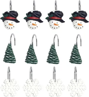 VESNIBA 12Pcs Shower Curtain Hooks Christmas Theme Resin Snowman Snowflake Tree Curtain Rings for Bathroom Handbag Display Stand (Green, One Size)
